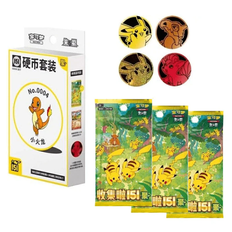 Example contents of Pokemon TCG 151 Gather Coin Set showing booster packs coin and master ball style card