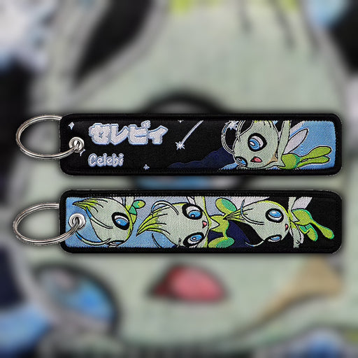 Celebi vibrant green woven fabric keytag attached to metal keyring featuring embroidered Celebi artwork