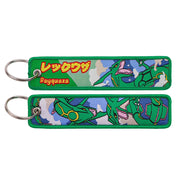 Back side view of Rayquaza embroidered keytag showing detailed stitching and fabric border
