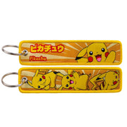 Back side view of Pikachu embroidered keytag showing detailed stitching and fabric border